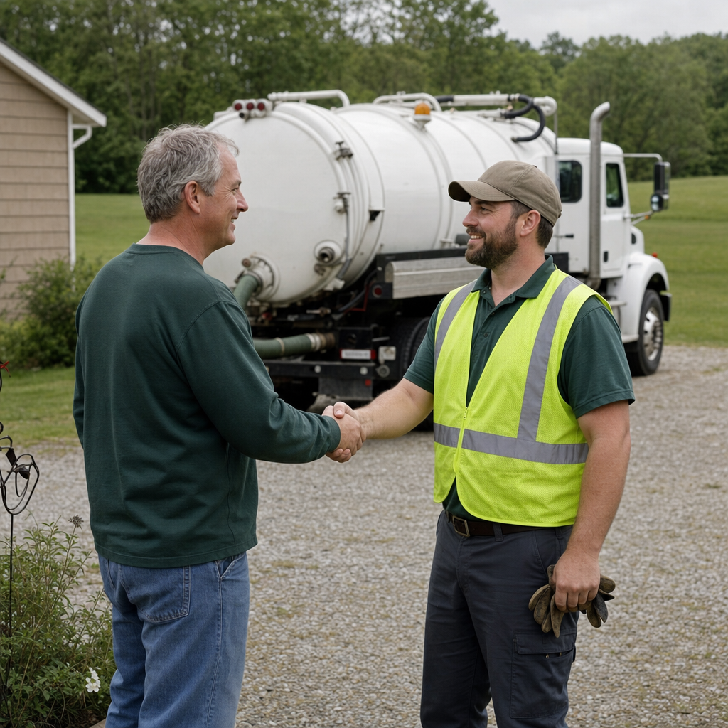 A septic technician shaking a Pine Hills homeowner's hand beside the service truck after a completed pump-out