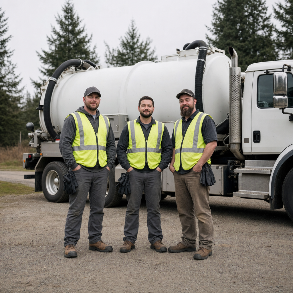 The Pine Hills septic pumping crew standing together beside their clean white vacuum truck on a residential street