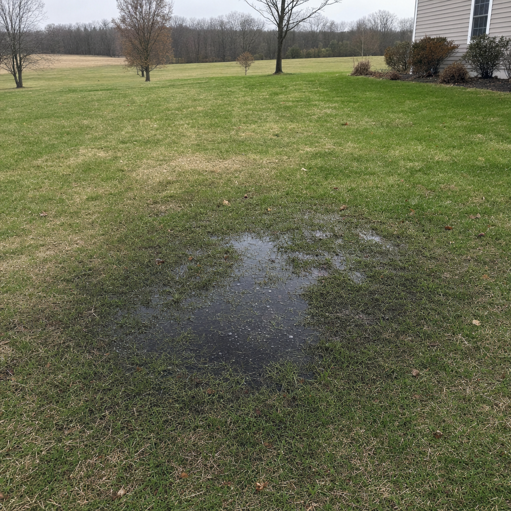 A dark, saturated wet spot in a Pine Hills backyard lawn marking a failing cesspool at capacity