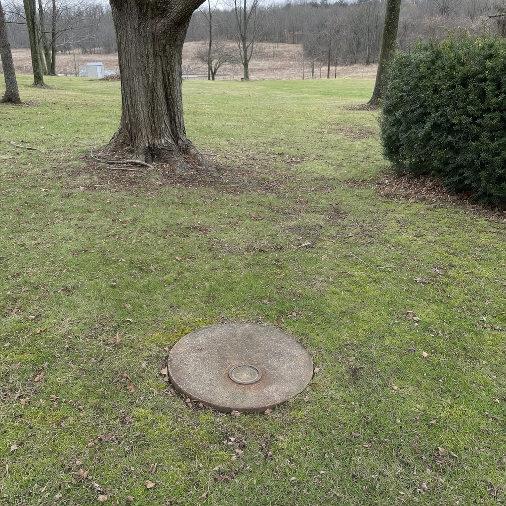 An older round cesspool access lid set flush in an established, mature Pine Hills backyard lawn