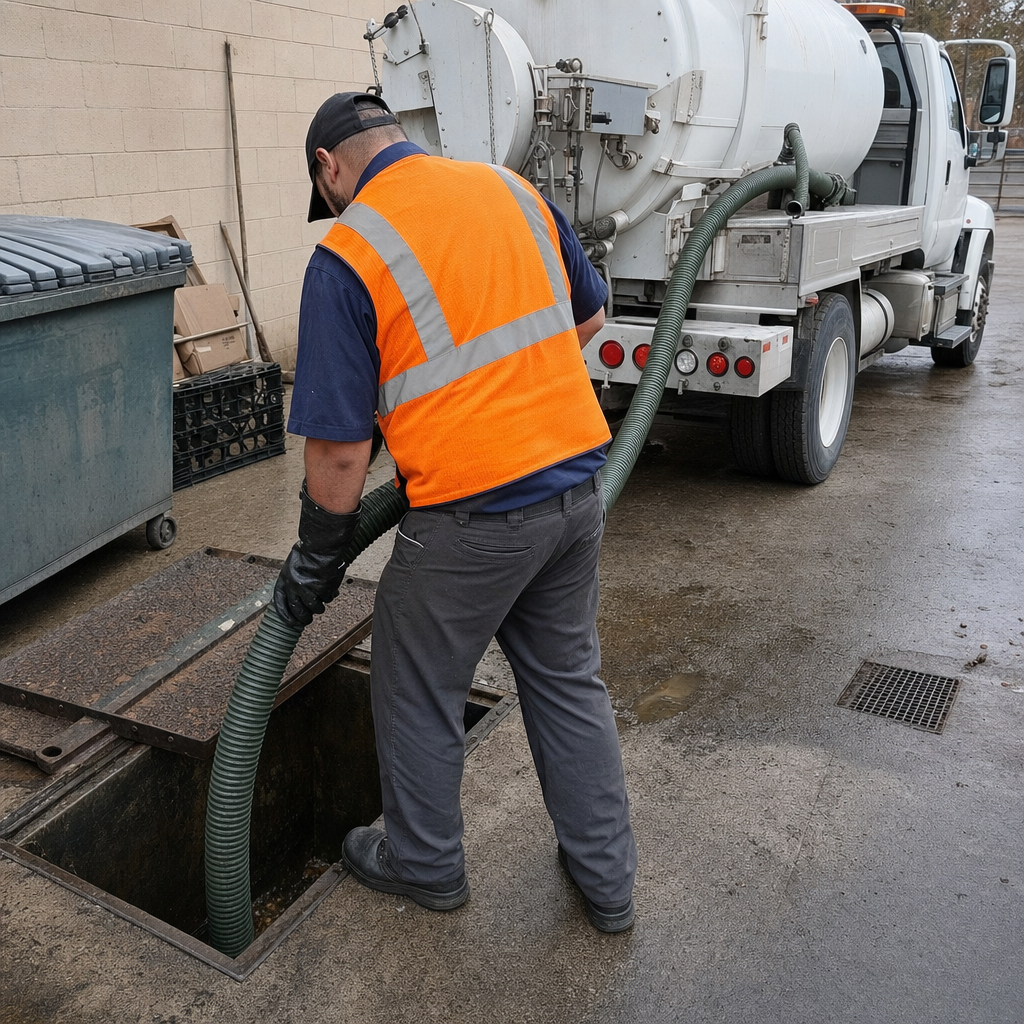 Technician pumping a grease trap behind a Pine Hills restaurant