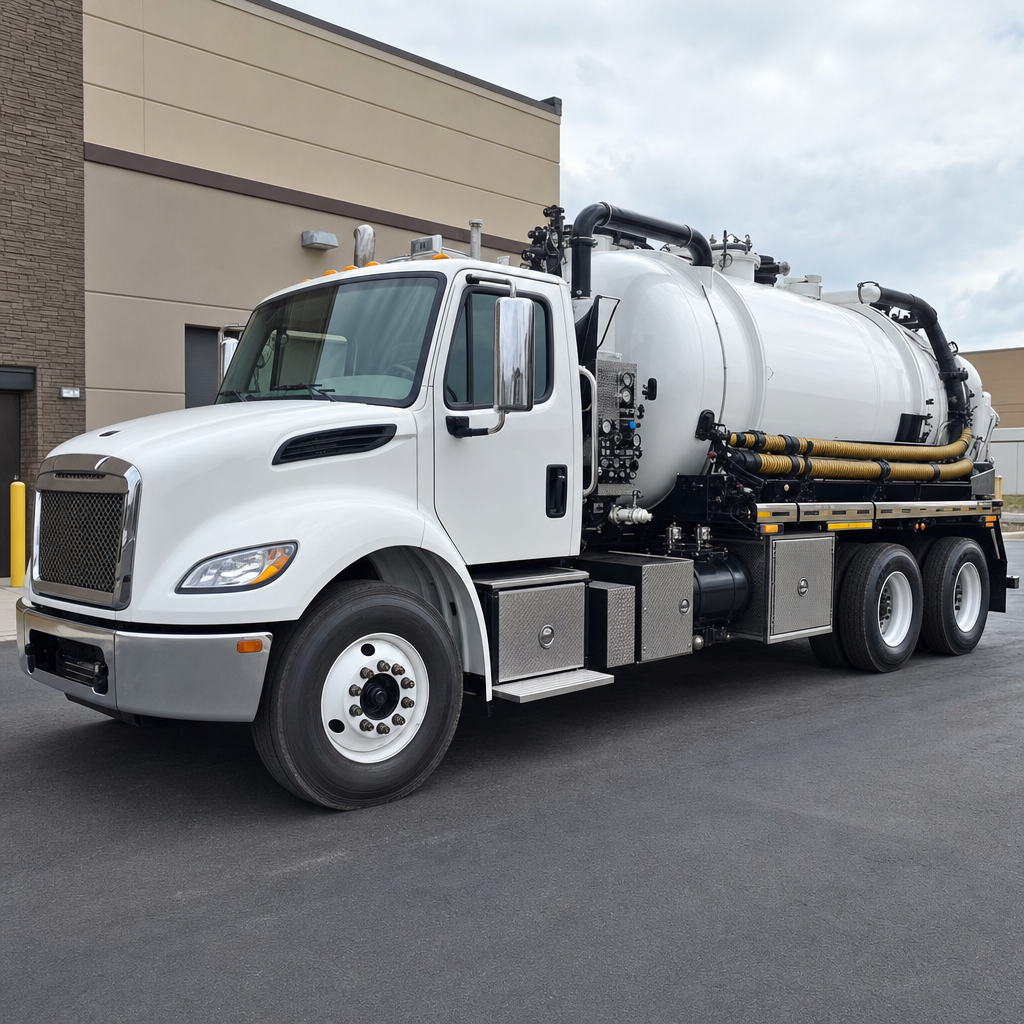 Commercial septic vacuum truck parked in a Pine Hills business parking lot