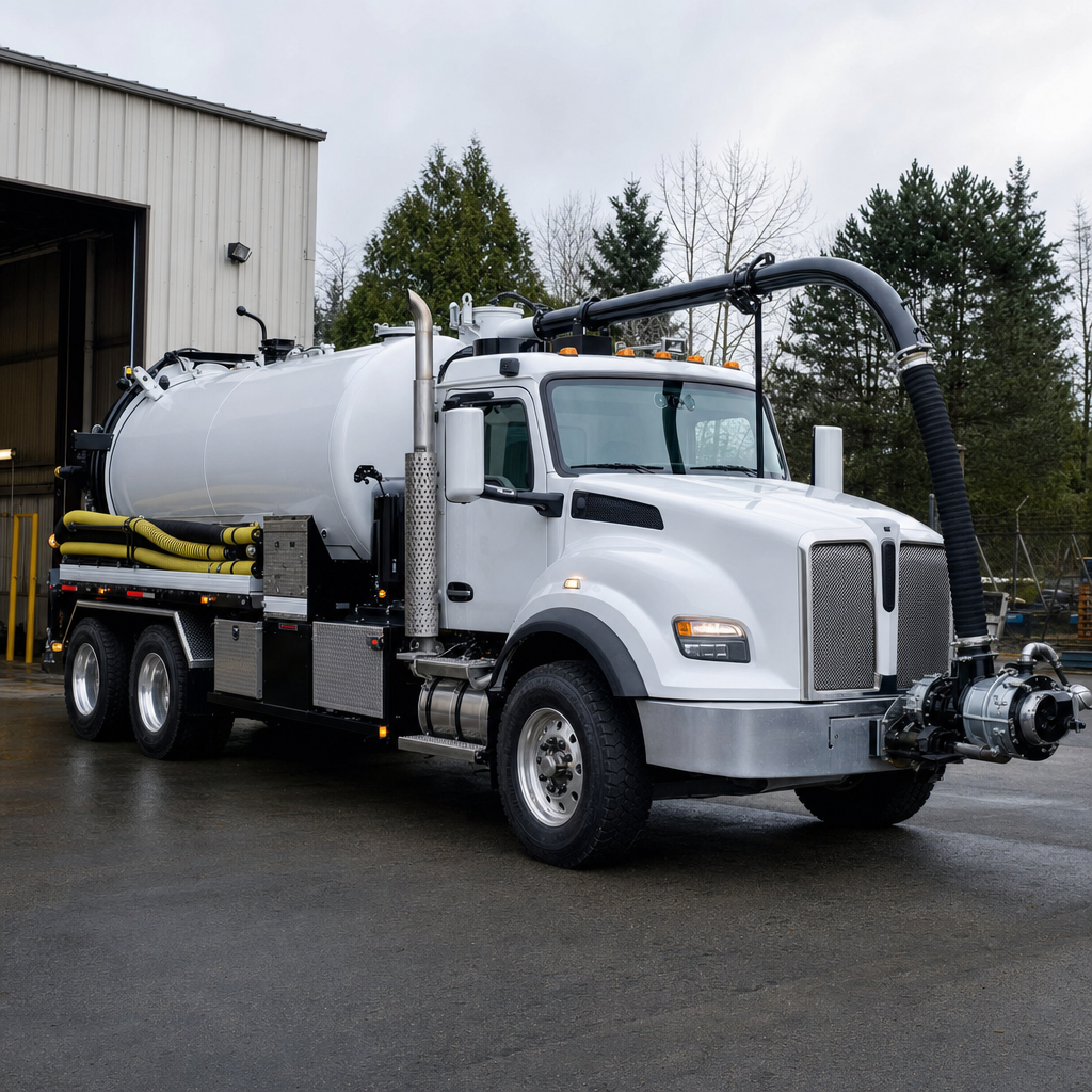 A clean white septic vacuum truck rolling out of a tidy Pine Hills service depot at the start of the day