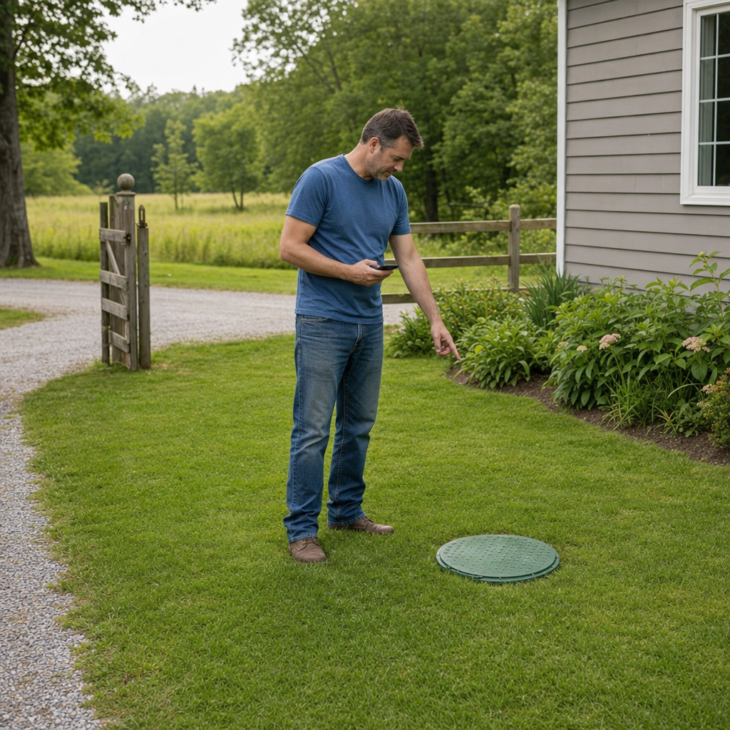 A Pine Hills-area homeowner standing in the backyard noting where the septic tank lid and access route are located