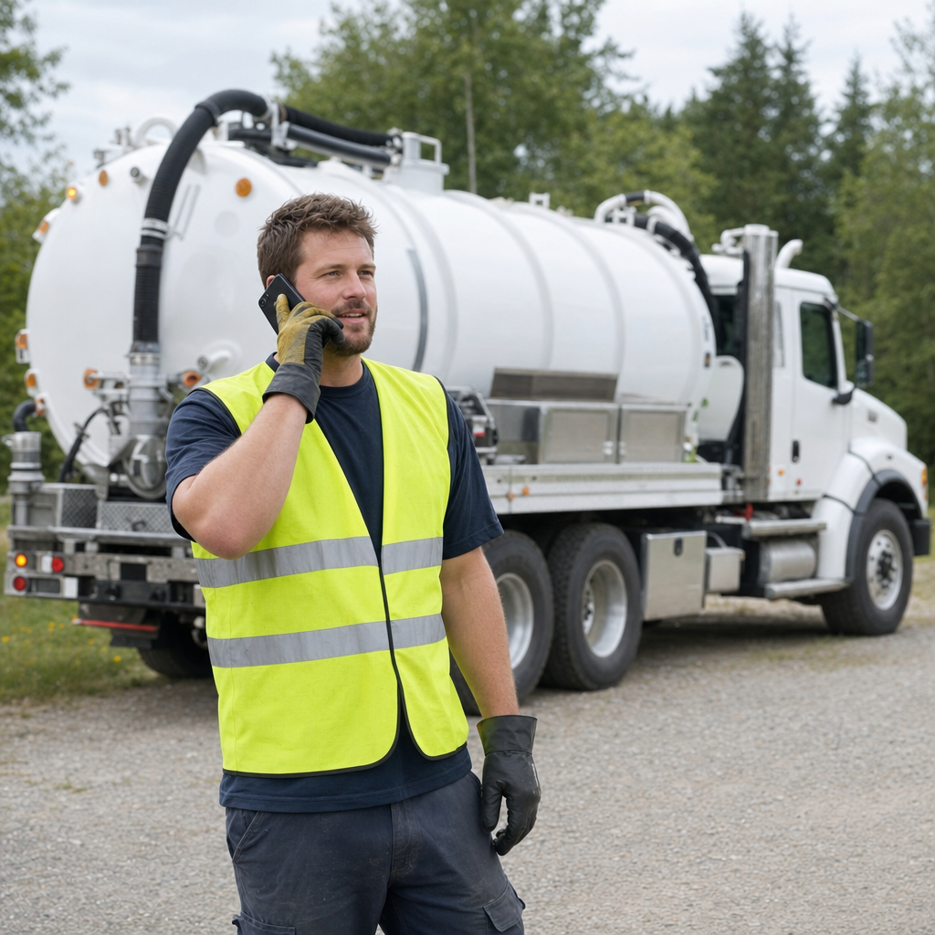 A friendly septic dispatcher holding a phone, ready to answer a Pine Hills homeowner's call about a pump-out