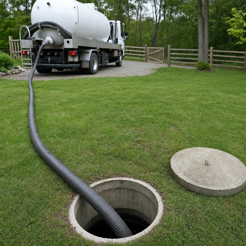 Suction hose connected to an open septic tank, drawing it down in a tidy Pine Hills yard