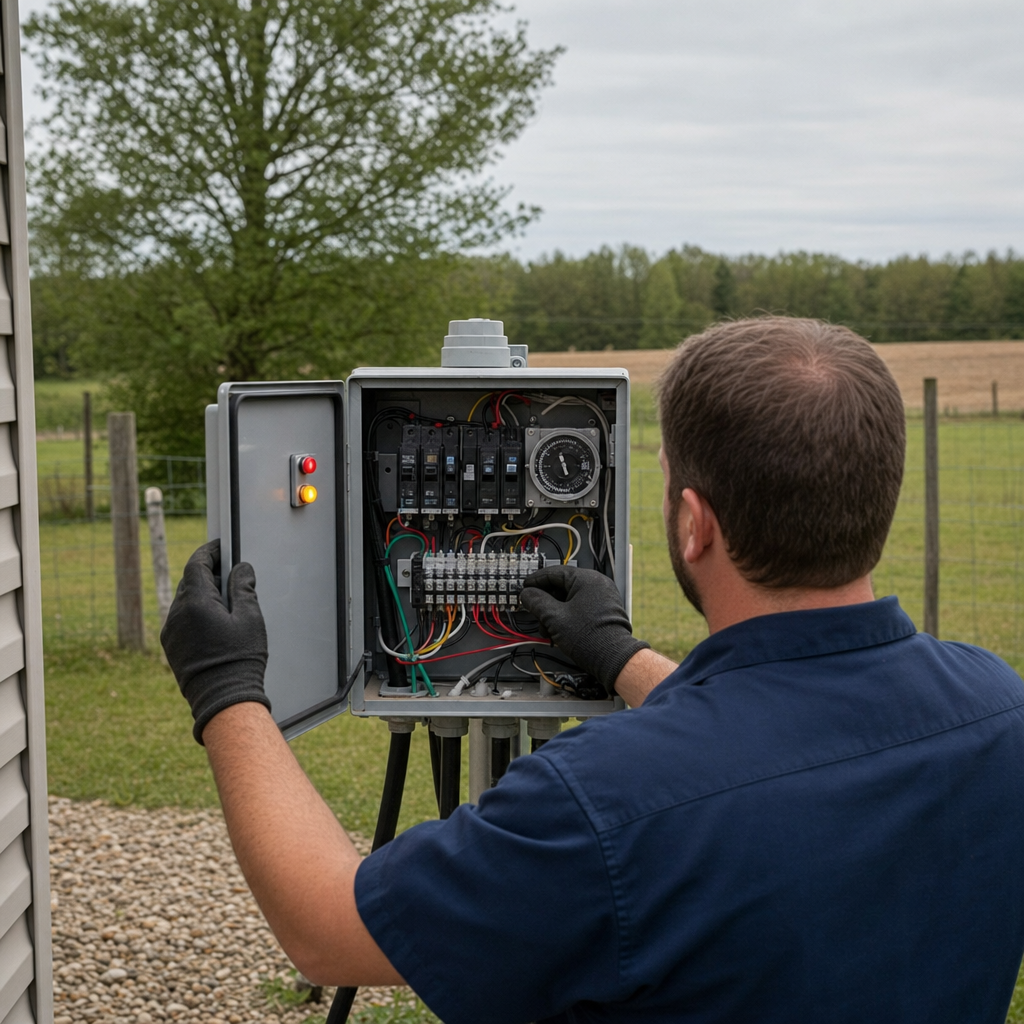 Technician checking an aerobic septic control box with a lit red high-water alarm during a same-day Pine Hills visit