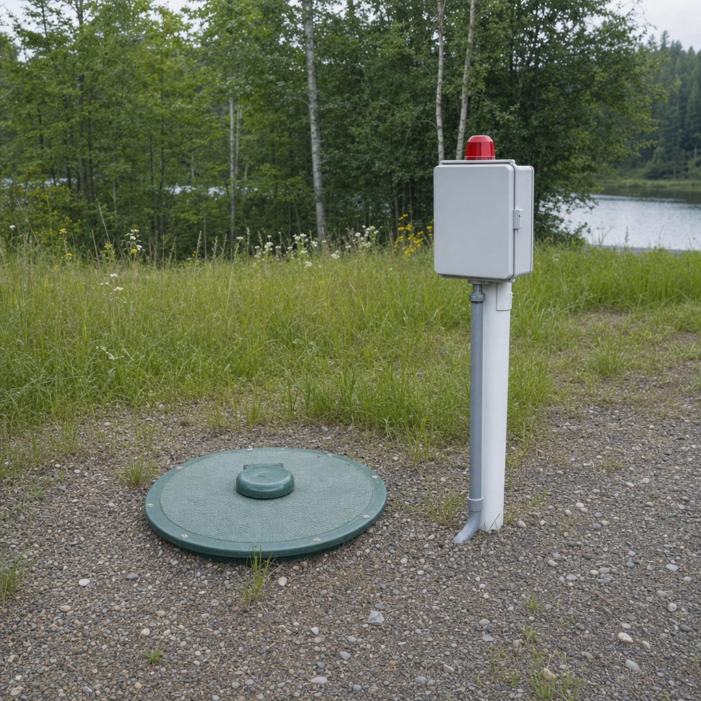 A wastewater holding tank access lid set in the ground at a rural Pine Hills-area cabin, with a mounted high-level float alarm panel nearby