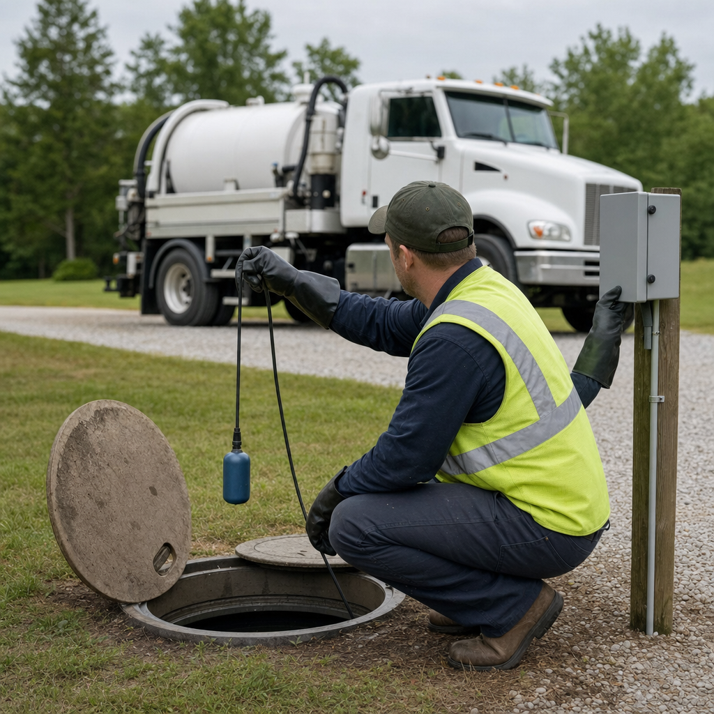 A septic technician in a high-visibility vest checking a high-level float switch and alarm panel on a holding tank at a rural Pine Hills-area site