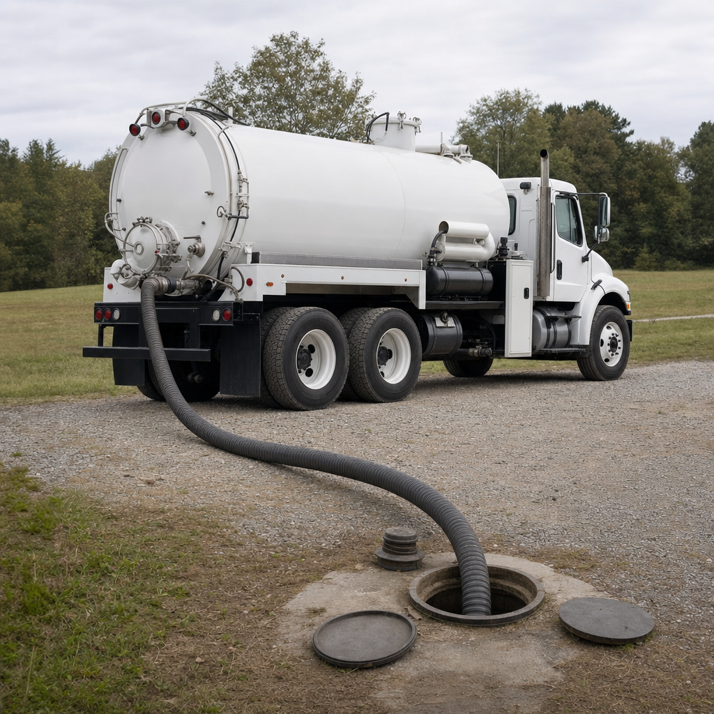 An unmarked white vacuum truck emptying a wastewater holding tank on a scheduled visit at a rural Pine Hills-area property, thick suction hose running to the tank lid