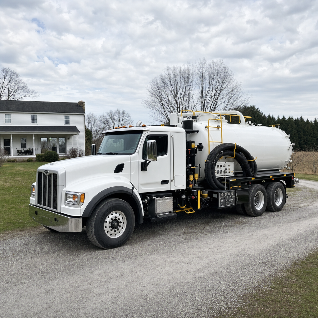 A clean white septic vacuum truck parked on a tidy Pine Hills driveway with the suction hose neatly coiled