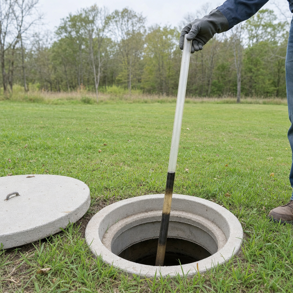 A septic sludge-judge measuring stick lowered into an open Pine Hills septic tank to read the depth of the sludge and scum layers before deciding whether a pump-out is due