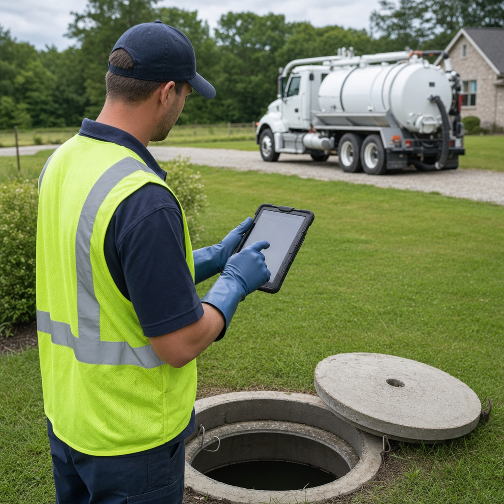 A septic technician recording a Pine Hills home's pump-out date and tank condition on a tablet beside an open access lid, tracking the service history that sets the next due date