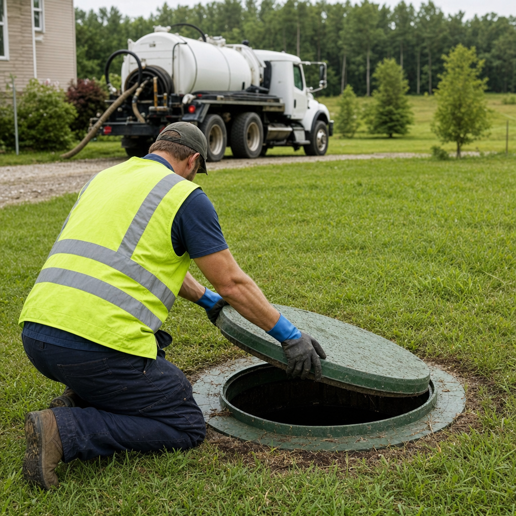 Septic technician kneeling on a Pine Hills lawn, lifting the access lid on a residential septic tank