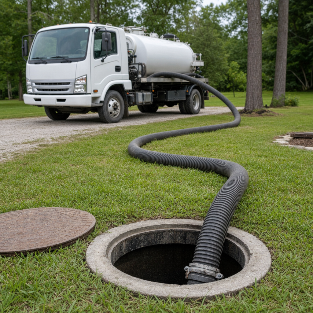 Thick ribbed suction hose lowered into a clean open septic tank port on a tidy Pine Hills backyard lawn