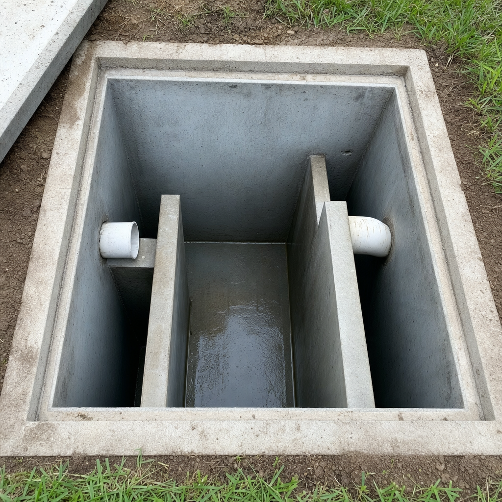 Inspection of the concrete baffles inside an open, emptied and freshly cleaned Pine Hills septic tank