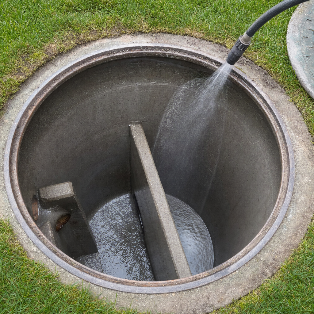 Interior concrete walls of an emptied Pine Hills septic tank being rinsed clean with the truck's onboard water hose