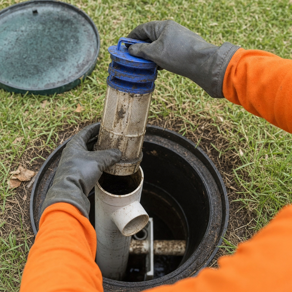 Septic technician's gloved hands lifting the effluent filter cartridge out of the outlet housing on a Pine Hills septic tank