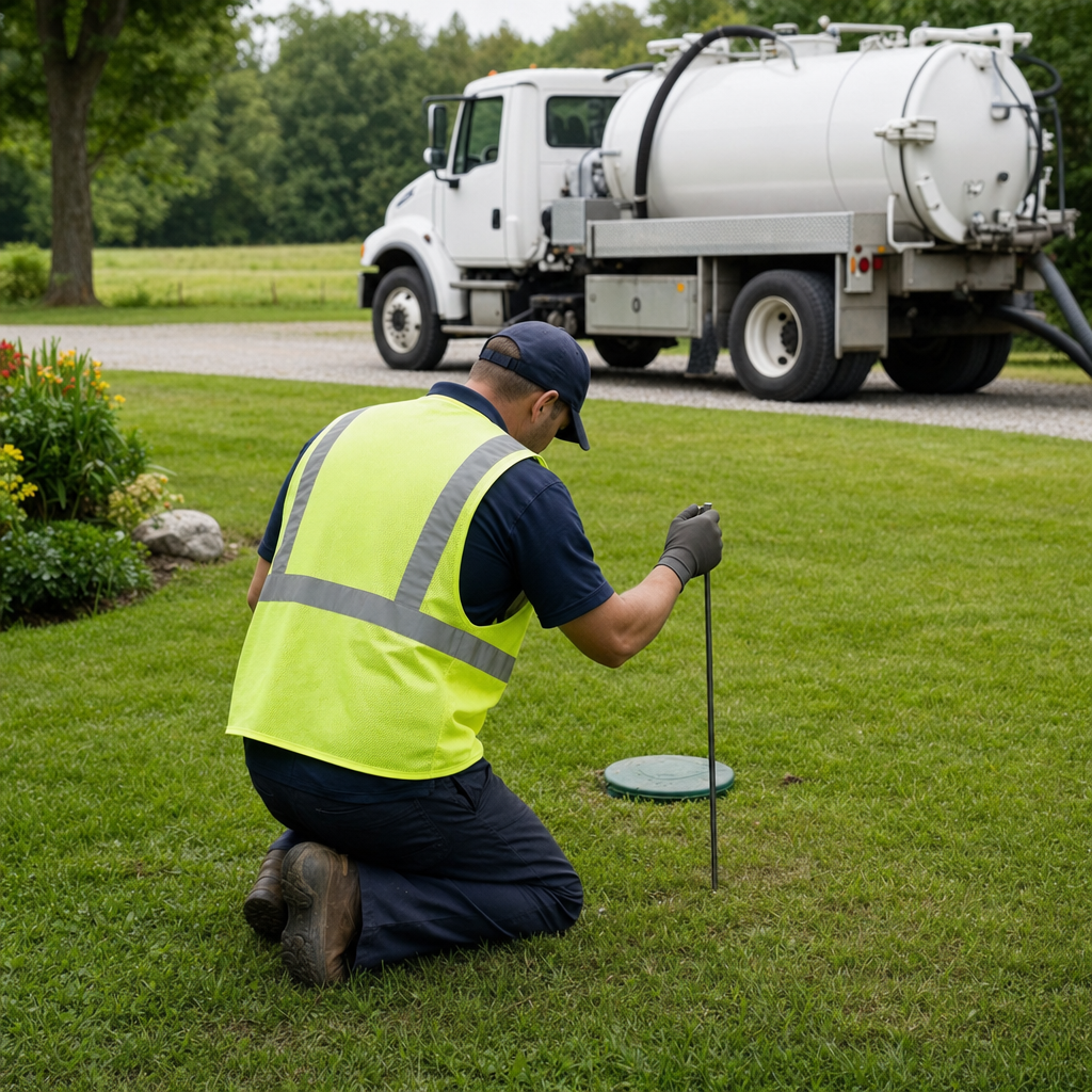 Septic technician kneeling on a Pine Hills lawn, probing to locate and measure the depth of a buried septic tank lid before pumping