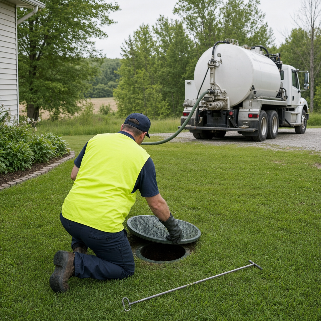 Septic technician kneeling on a Pine Hills lawn, lifting the buried access lid on a residential septic tank