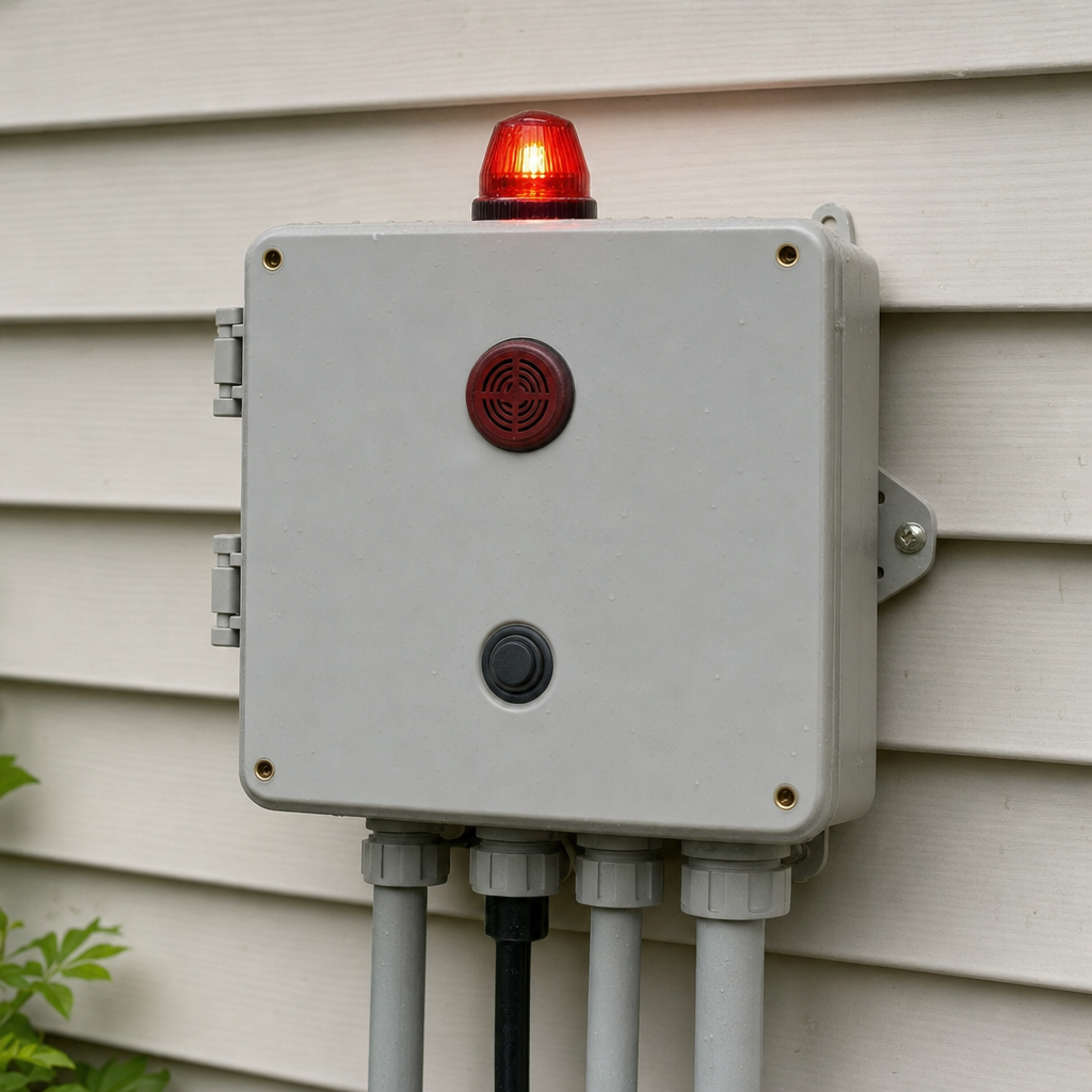 An aerobic septic system control panel mounted outside a Pine Hills home with its red high-water alarm light lit