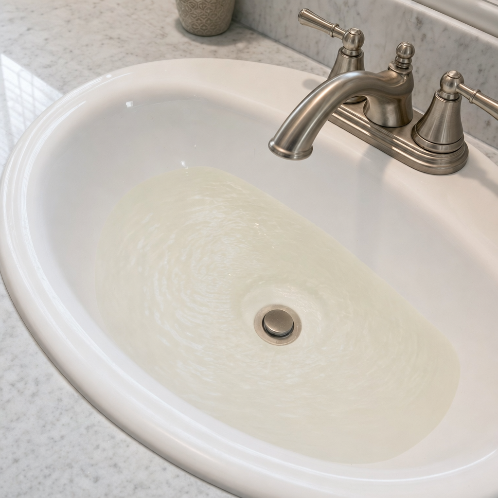 A bathroom sink draining slowly with water pooled in the basin, an early warning sign that a Pine Hills septic tank is full